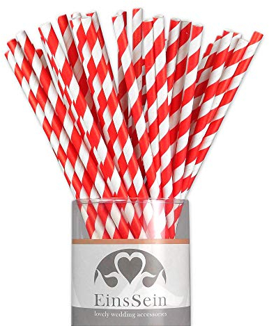 EinsSein 25x Pailles de Papier Stripes L 19,5cm Blanc-Rouge