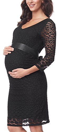 Be Mammy Robe Soirée en Dentelle Grossesse Maternité Manche 3/4 Vêtement BE20-209 (Noir, L)
