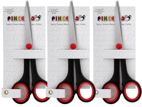 Juego de 3 Tijeras de Acero Inoxidable 18 cm Color Rojo | Pack de Tijeras Multiusos para Oficina, Hogar, Manualidades…