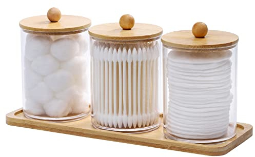 Tbestmax 10 Oz Cotton Swab/Ball/Pad Holder with Vanity Tray, Qtip Apothecary Jar, Clear Bathroom Containers Dispenser for Storage 3 Pack Wood Lids