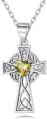 Bestyle Women Sterling Silver Yellow Topaz Stone Necklace Irish Cross Pendant Necklace with November Birthstone Jewellery for Birthday Gift