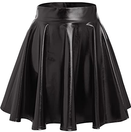 Damen 80er 90er Tellerrock Frauen Lack Lederrock Wetlook Holographic Mini Skater Kurz Rock Metallic Glitzer Faltenrock Neon Party Karneval Fasching Rave Outfit Space Alien Kostüm Schwarz XXL