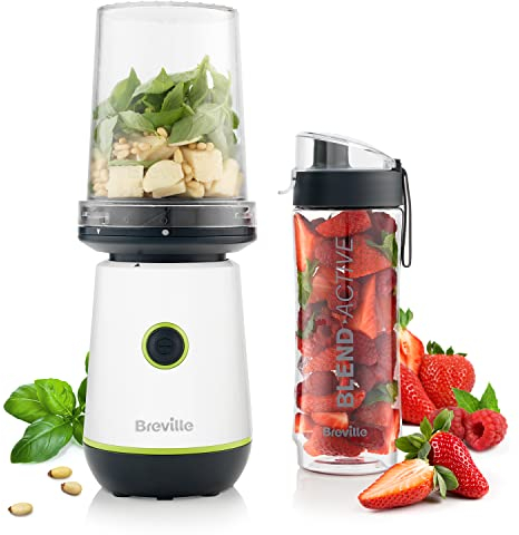Breville Blend Active Compact Food Processor and Smoothie Maker | 350W | Processor Bowl (450ml) & Portable Blending Bottle (600ml) | Leak Proof Lid | White & Green [VBL253]