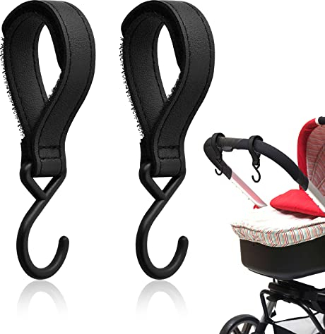 Laughhe 2 Stück Kinderwagen Haken für Taschen, Leder Buggy-Clips Träger Befestigungshaken für EinkaufsTaschen Windel Taschen und Handtaschen, Kinderwagen Zubehör