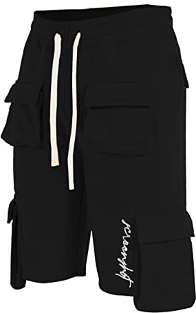 SCREENSHOT-SP31300 Mens Urban Hip Hop Premium Streetwear Fleece Shorts - Street Tactical Functional Multi Cargo Pockets Utility Varsity Fashion SweatShorts-Black-Large
