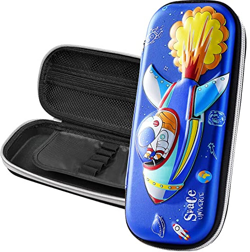 FEWOFJ 3D Spacecraft Pencil Case for Kids Boys, Waterproof Pencil Box with Compartments Pen Pouch (Blue)