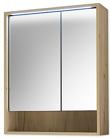 VOLANO Spiegelschrank Bad mit LED-Beleuchtung in Artisan Eiche Optik - Badezimmerspiegel Schrank mit viel Stauraum - 60 x 75 x 20 cm (B/H/T)