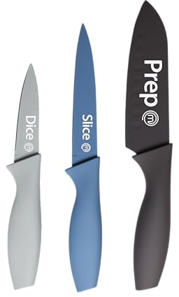 MasterChef Knife Set of 3 Kitchen Knives for Cooking (Chef, Paring & Utility), Professional Sharp Stainless Steel, Non Stick Blades & Soft Touch Handles, Easy Grip, Nordic Collection, 3 Piece