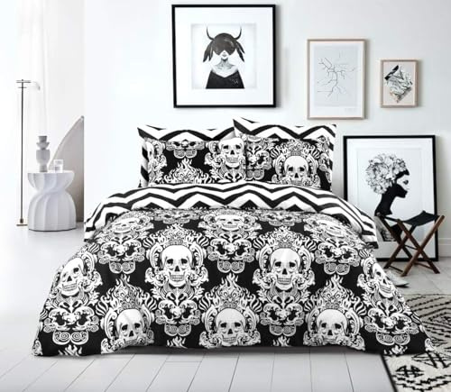 MK Home Textile King Size Duvet Cover Set Black Skull Reversible Cotton Bedding White Stripe Quilt Covers with Pillow Cases Double King SuperKing Bed Size Printed Set (King (U.K. Standard), Skull)