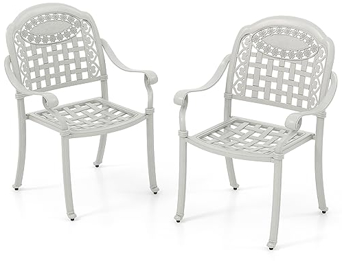 GOPLUS Gartenstuhl 2er Set, Balkonstuhl aus Aluminiumguss bis 165kg belastbar, Bistrostuhl stapelbar mit Rückenlehne & Armlehne, Essstuhl wetterfest mit elegantem Hohlmuster für Balkon Hof (Weiß)