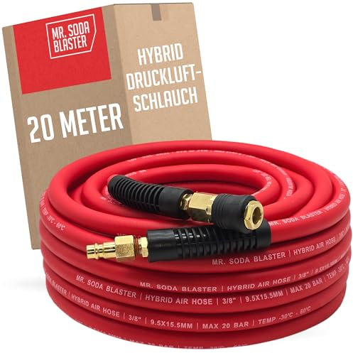 mr. soda blaster Manguera de aire comprimido flexible de 20 metros apta para compresores | 9,5 x 15,5 mm | 3/8 | mezcla robusta de PVC/goma | acoplamientos de latón estables | PVC protección contra
