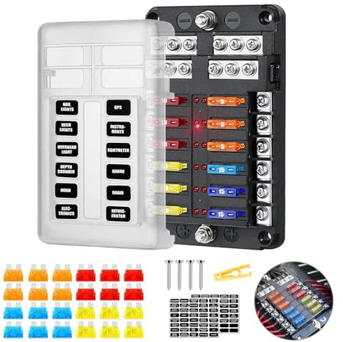 HOISGEAR Portafusibili a 12 vie, Scatola Fusibili ATC/ATO 12V/24V Blocco Fusibili a Lama DC 12V 100A Scatola Portafusibili con 24pcs Fusibili e Indicatore LED Bus Negativo per Auto Barca Furgone SUV