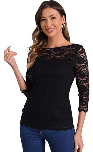 Allegra K Top Donna in Pizzo Floreale con Maniche 3/4 e Scollo Rotondo Nero S