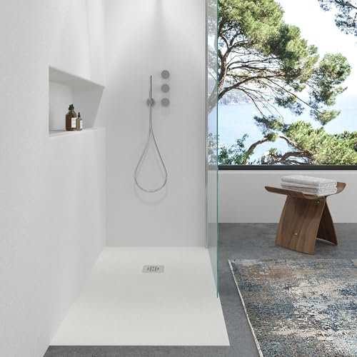 VAROBATH | Plato de Ducha Nolita – Material Resina con Carga Mineral y Textura Pizarra Antideslizante C3 – Incluye Válvula Desagüe y Rejilla (Blanco Ral-9003, 70x160)