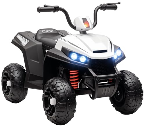 AIYAPLAY Kids Quad Bike, 12V Electric Ride on ATV with 4 Wheels Spring Suspension, LED Light, Music, MP3, 5KM/H Battery Powered, for Ages 3-5 Years, White