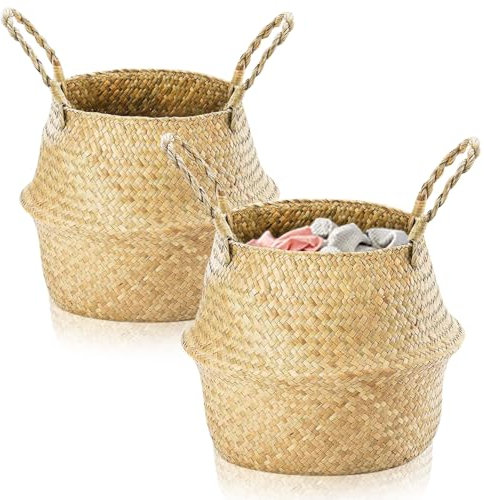 Exquilnova 2PCS Seagrass Storage Baskets,Small Laundry Basket,Baskets for Shelves,Foldable Rattan Storage Box,Wicker Basket with Handle,Wicker Plant Pot for Living Room,Bedroom,Bathroom (S 20x23)