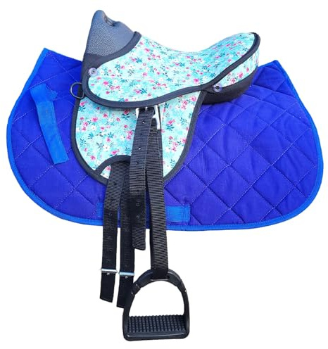 Brama West Selle Shetty pour enfant « My Little Pony » | Selle pour cheval en bois Shetty Pony | Avec tapis de selle, sangle de selle, étriers et étriers | Selle Flower (bleu fleur)