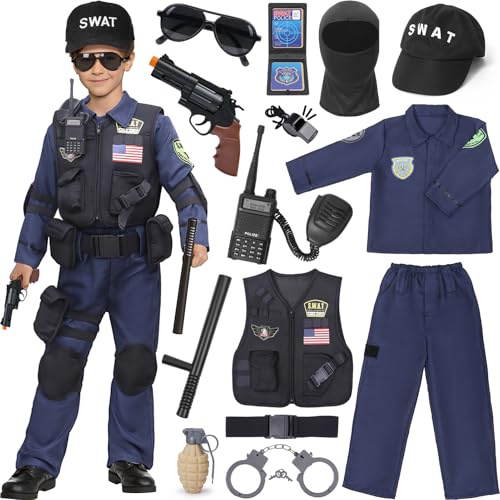 Mishopy Disfraz de Policía para Niño Incluye Camiseta Pantalón Chaleco Gorra Placa Gafas Walkie-talkie y Juguete Ideal para Carnaval Apto para Niños y Niñas (100)