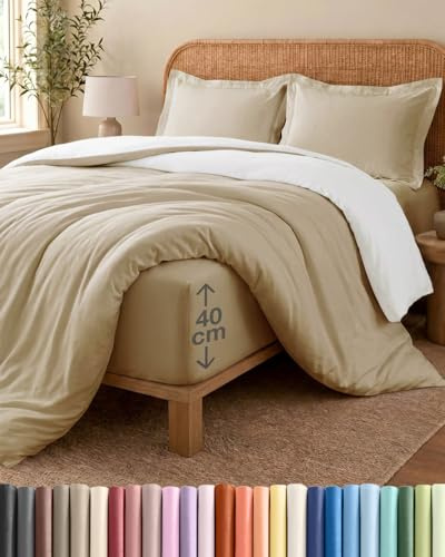 Duvet Cover Set King Size - 4 Piece Fitted Sheet - Cream / Antique White | Brushed, Soft, Wrinkle Resistant, Fade Resistant, Zip Closure, Corner Ties, Breathable, Easy Care, Bedding Set, OEKO-TEX