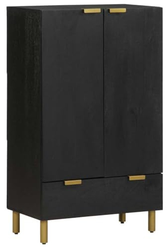 QUAHEAS Highboard - Armadio in legno nero, 60 x 33 x 100 cm, con piedini in metallo, per soggiorno, camera da letto, home theater, armadio con porta, cassetto, gestione dei cavi, montaggio a parete
