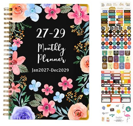 2027-2029 Monthly Planner, 3 Year Planner Jan 2027 to Dec 2029 – A4 9×11 Monthly Calendar Book with Colour Tabs, Twin Wire, Pocket & 4 Sticker Sheets, Organiser for Students & Office Work(A.Black)