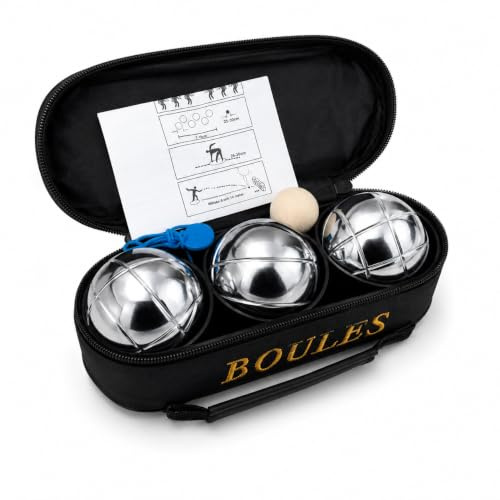 French Boules Set, Chrome-Plated Steel Petanque Boules with Wooden Jack, Measuring String, Set of 3/6/8 Game Instructions & Zipped Carry Case, Traditional Outdoor Garden, Lawn, Beach & Camping Game