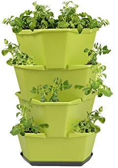 GUSTA GARDEN Paul Potato Starter Kartoffelturm - stapelbar - Hochbeet/Pflanzgefäß/Blumentopf für Balkon, Garten und Terrasse (4 Etagen, Grün) inkl. Untersetzer