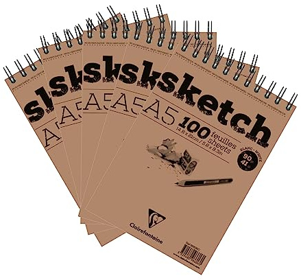 Clairefontaine 96606Cpack - Bloc Spiralé Papier Sketch - 100 Feuilles Papier Dessin Blanc au Grain Très Léger - Feuilles Détachables - A5 14,8x21 cm 90g - Paquet de 5 Blocs