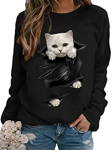 Tomwell Femme Pull Mode Chat Imprimé Animal Imprimé 3D Motif de Chat Sweat col Rond À Manches Longues Color Block Patchwork Tops Blouse Style-6 XXL