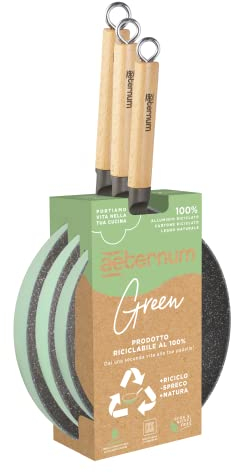 Aeternum Green Induction Wood, zwei antihaftbeschichtete Pfannen, geeignet für Induktion, Griffe aus Buchenholz, Durchmesser 20 cm - 24 cm - 28 cm, 100% recycelbare Materialien, Grün