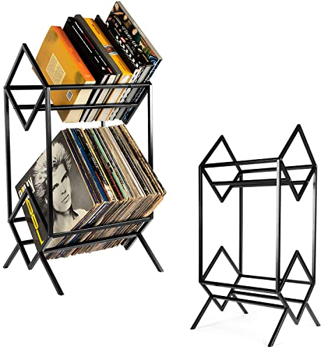 ybaymy Soporte de almacenamiento de discos de vinilo de 2 niveles, estante de almacenamiento de 160-200 LP, revista, estante organizador de archivos de oficina