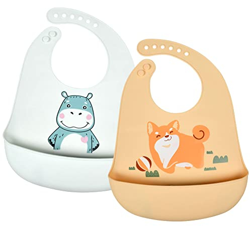 Vicloon Silikon Baby Lätzchen, 2 Stück Baby Fütterlätzchen mit Auffangschale 6 Verstellbaren Tasten, BPA Frei, Babylätzchen Einfache Reinigung, Wasserdicht für Babys Jungen und Mädchen(Gelb-Grau)