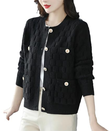 DBFBDTU Femmes Tricots Décontractés Col Rond Cardigan Manteau Cardigans Courts Veste Boutons Tricot, Noir , S