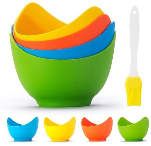 Mikim Silicone Egg Poacher Cups with Ring Standers, Nonstick Egg Poaching Cup for Stovetop Air Fryer Cooking, BPA Free, 4 Pack with Extra Oil Brush