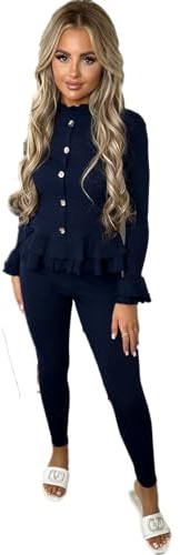 eyes Tracksuit Womens Full Set Ladies Fine Ribbed Frill Peplum Long Sleeve Gold Button Loungewear 2 Piece Suit Italian Fitted Leggings Stretchy Women Tracksuits Navy Blue 8-10