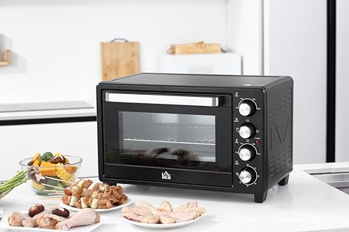 HOMCOM Mini Backofen 32L 100 °C-230 °C 1600 W Mini Ofen mit Backblech Krümelblech Grillrost und 3 Kochmodi Pizzaofen mit Timer Backblech-Griff Edelstahl Schwarz