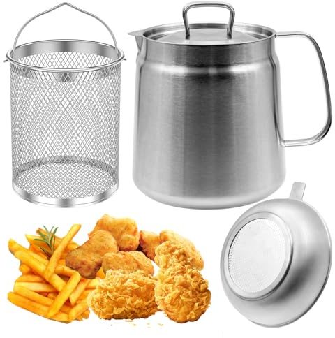 2L Siebtopf Fritteuse, 304 Edelstahl Ölfiltertopf mit Sieb & Frittierkorb für die Küche, Multifunktionaler Frittiernetztank Fettbehälter