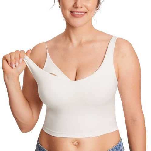 MOMANDA Nursing Tank Top V Neck Sports Tank with Built in Bra Padded Breastfeeding Sleeveless Crop Tops Iceland White L