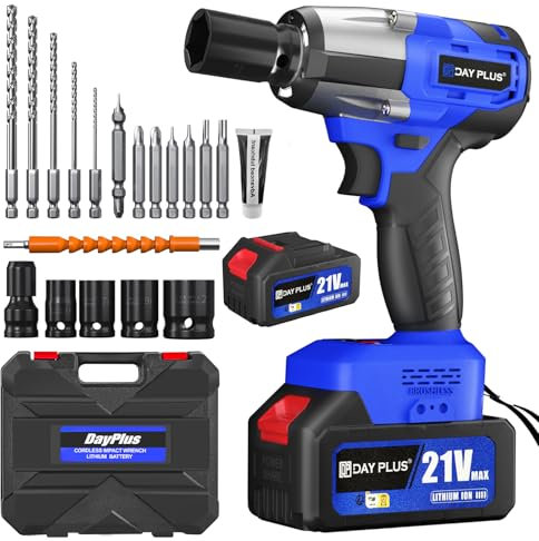 Cordless Impact Wrench,1/2 Brushless Power Impact Gun,2500RPM Electric Wrench, Max Torque 550N.m with 4 Sockets, 12PCS Screwdriver Bits, 2X 4.0Ah Battery & Carry Box for Car Home (Blue)