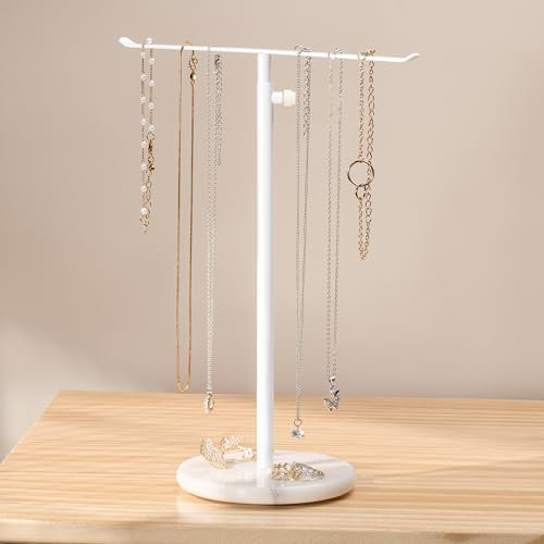 Josmimic Jewelry Stand Necklace Holder, Adjustable White Metal Organizer for Long Necklaces, Extends from 10.2 to 18.7 Inches, Sturdy Marble Base, Ideal for Sweater Chains and Jewelry Storage