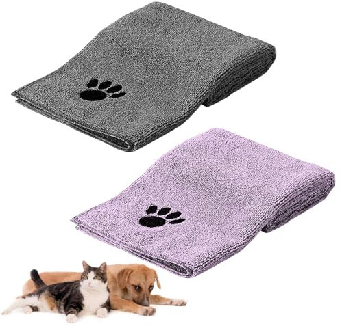 HTRTRR Hundehandtücher 2er Set – Mikrofaser Handtuch für Hunde & Katzen, 75×35 cm – Schnell Trocknend, Extra Saugfähig, Maschinenwaschbar, Kuschelweich(Grau+Lila)