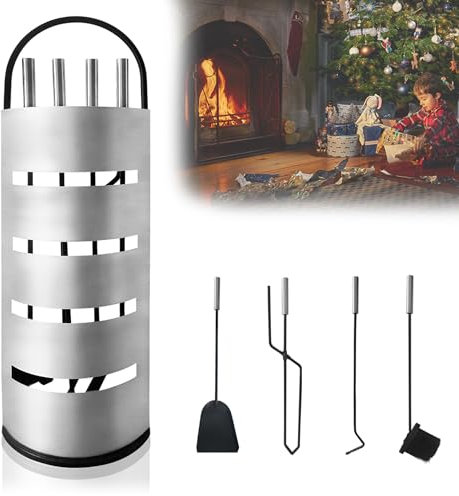 QEENTOE Juego de 5 utensilios para chimenea con accesorios para chimenea, pala, escoba, pinzas para chimenea, atizador, utensilios para chimenea, color plateado