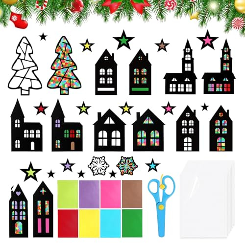 15 jul pyssel fönsterbilder, fönsterbilder jul hantverk, pysselset jul barn, hus, julgran, stjärnor, färgglad juldekoration, för DiY jul fönsterdekoration