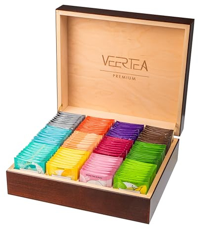 Veertea Tee - Teebox - Tee Geschenkset - Tea Set - Sorgfältig Ausgewählte Sorten - Teebox Holz - Teemischung - 12 Geschmacksorten, 180 Beutel - Box 30x26x11cm - Braun