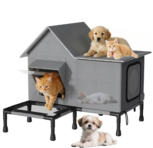 Cat House for Outdoor Cats - INRLKIT Weatherproof Cat House for Outside with Elevated Base, Feral Cat Shelter with Waterproof Eaves & Escape Doors and Ground Nails for Outside Stray Barn Cat