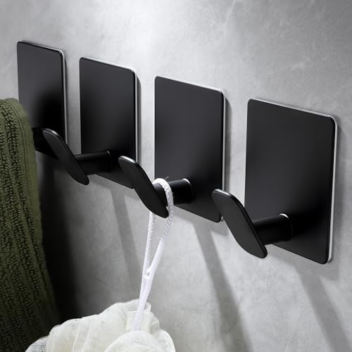 ZUNTO Ganchos Adhesivos Para Pared, Ganchos Para Colgar De Baño y Cocina, Ganchos Para Toallas, Impermeable, 4 Piezas, Negro