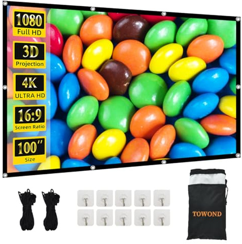 TOWOND 100 Inch Portable Projector Screen, HD 16:9 Foldable Movie Screen with Double-Sided Projection, Anti-Crease Fabric for Indoor & Outdoor Cinema, Easy to Carry and Install