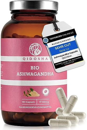 QIDOSHA® Bio Ashwagandha Kapseln, TESTSIEGER 08/23*, 1500 mg je Tagesportion, 240 Kapseln im Glas, Ashwagandha hochdosiert, Withania Somnifera (Schlafbeere), laborgeprueft, vegan