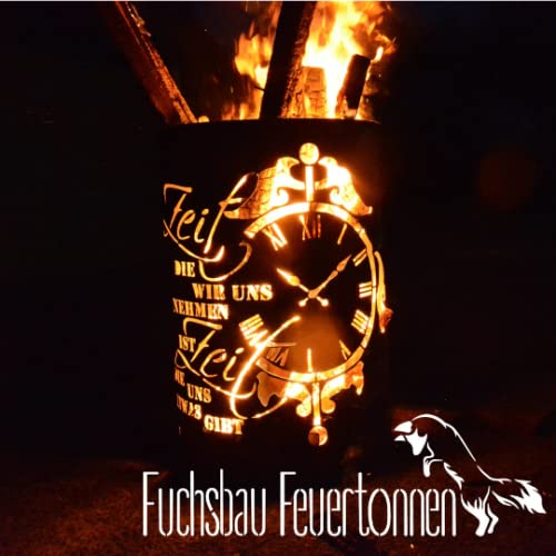 Fuchsbau Feuertonnen Feuertonne mit - Zeit - Motiv - Gefertigt aus neuem Ölfass - Besondere Feuerstelle für Garten und Terrasse - Hohe Feuerschale mit Rostoptik - 90 x 60 cm