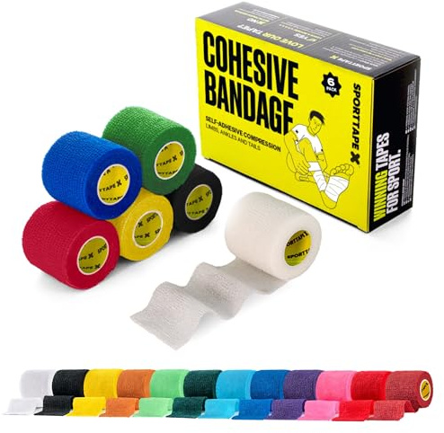6 Rotoli SPORTTAPE Benda Elastica Autoadesiva 5 cm × 4,5 m – Misto | Nastro auto-adesivo benda per calzettoni calcio, benda portiere | Coesiva Fascia Compressione per Sport, Cani & Cavalli